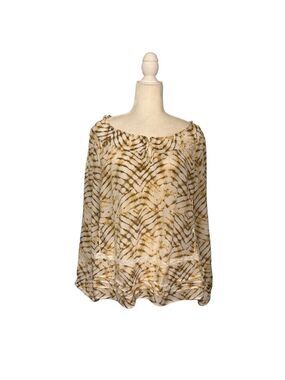 Zac & Rachel gold and gray patterned elastic wide neck long sleeve blouse with p